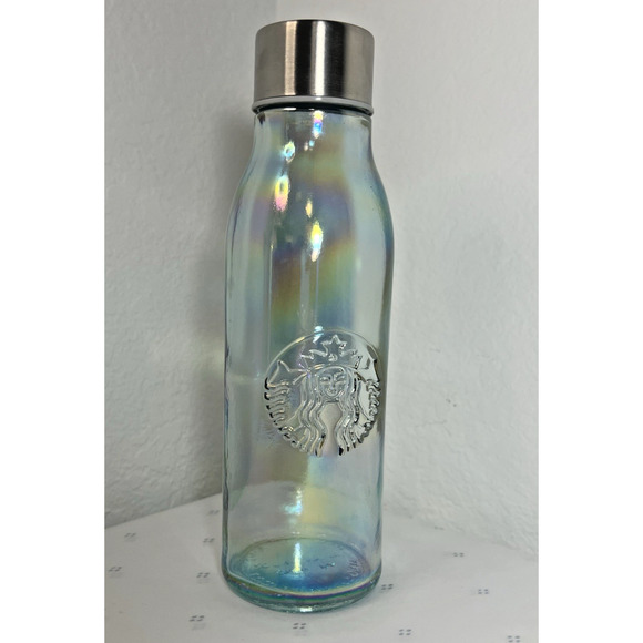 2019 Starbucks Recycled GLASS Water Bottle 22oz RAINBOW Iridescent Made In Spain - Picture 1 of 7